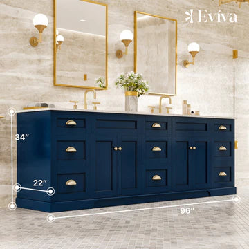 Epic 96"W x 22"D Blue Double Sink Bathroom Vanity with White Carrara Quartz Countertop and Undermount Porcelain Sinks EVVN666-96BLU