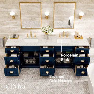 Epic 96"W x 22"D Blue Double Sink Bathroom Vanity with White Carrara Quartz Countertop and Undermount Porcelain Sinks EVVN666-96BLU