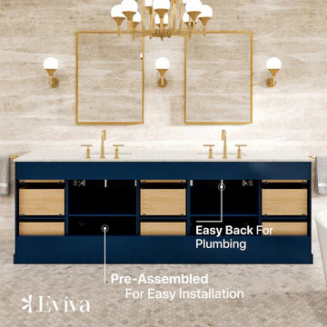 Epic 96"W x 22"D Blue Double Sink Bathroom Vanity with White Carrara Quartz Countertop and Undermount Porcelain Sinks EVVN666-96BLU