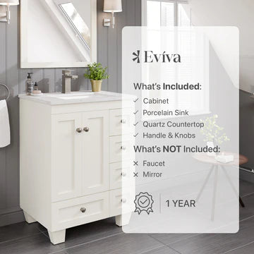 Acclaim 24"W x 22"D White Bathroom Vanity with White Carrara Quartz Countertop and Undermount Porcelain Sink EVVN69-24WH-Q