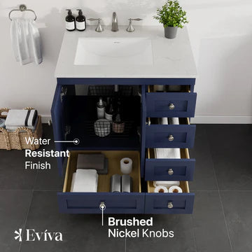 Acclaim 30"W x 22"D Blue Bathroom Vanity with White Carrara Quartz Countertop and Undermount Porcelain Sink EVVN69-30BLU-Q