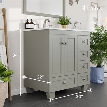 Acclaim 30"W x 22"D Gray Bathroom Vanity with White Carrara Quartz Countertop and Undermount Porcelain Sink EVVN69-30GR-Q