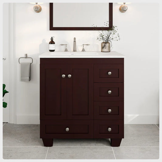 Acclaim 30"W x 22"D Teak Bathroom Vanity with White Carrara Quartz Countertop and Undermount Porcelain Sink EVVN69-30TK-Q