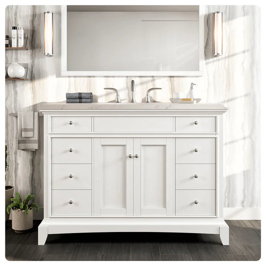 Elite Stamford 42"W x 22"D White Bathroom Vanity with White Carrara Quartz Countertop and Undermount Porcelain Sink EVVN709-42WH-Q