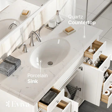 Elite Stamford 42"W x 22"D White Bathroom Vanity with White Carrara Quartz Countertop and Undermount Porcelain Sink EVVN709-42WH-Q