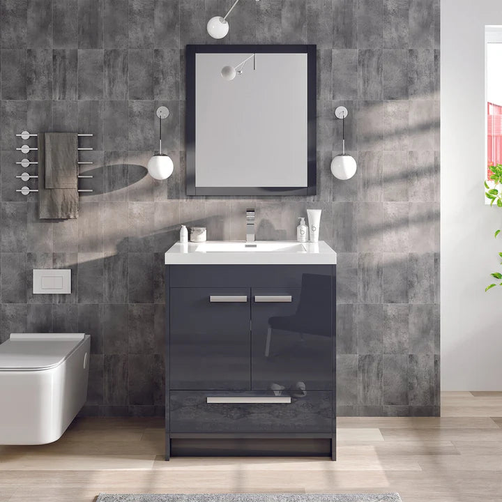 Lugano 30"W x 20"D Gray Bathroom Vanity with White Acrylic Countertop and Integrated Sink EVVN750-8-30GR