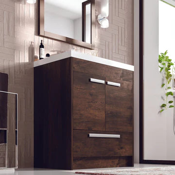 Lugano 30"W x 20"D Rosewood Bathroom Vanity with White Acrylic Countertop and Integrated Sink EVVN750-8-30RSWD