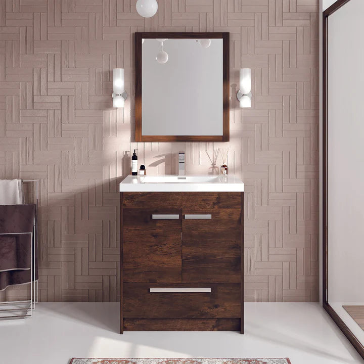 Lugano 30"W x 20"D Rosewood Bathroom Vanity with White Acrylic Countertop and Integrated Sink EVVN750-8-30RSWD