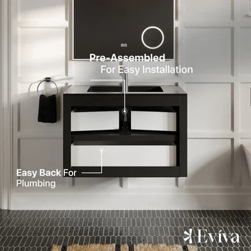 Vienna 36"W x 19"D Oak Wall Mount Bathroom Vanity with Black Acrylic Countertop and Integrated Sink EVVN777-36OAK-BL