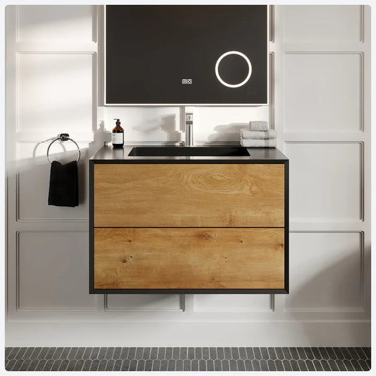 Vienna 36"W x 19"D Oak Wall Mount Bathroom Vanity with Black Acrylic Countertop and Integrated Sink EVVN777-36OAK-BL