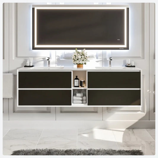 Vienna 75"W x 21"D Blackwood Wall Mount Double Sink Bathroom Vanity with White Acrylic Countertop and Integrated Sinks EVVN777-75BWD-WH