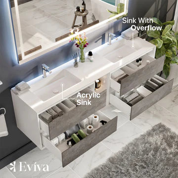 Vienna 75"W x 21"D Concrete Gray Wall Mount Double Sink Bathroom Vanity with White Acrylic Countertop and Integrated Sinks EVVN777-75CGR-WH