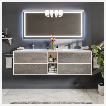 Vienna 75"W x 21"D Concrete Gray Wall Mount Double Sink Bathroom Vanity with White Acrylic Countertop and Integrated Sinks EVVN777-75CGR-WH