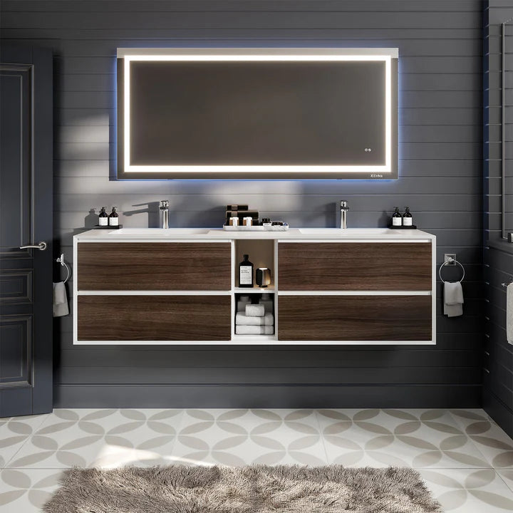 Vienna 75"W x 21"D Gray Oak Wall Mount Double Sink Bathroom Vanity with White Acrylic Countertop and Integrated Sinks EVVN777-75GOK-WH