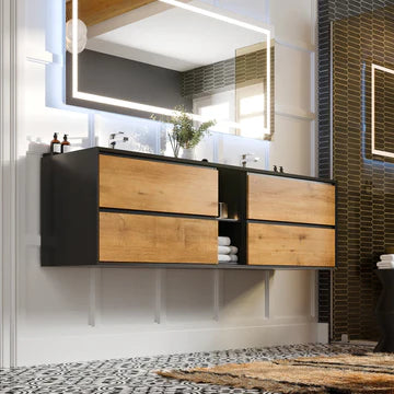 Vienna 75"W x 21"D Oak Wall Mount Double Sink Bathroom Vanity with Black Acrylic Countertop and Integrated Sinks EVVN777-75OAK-BL