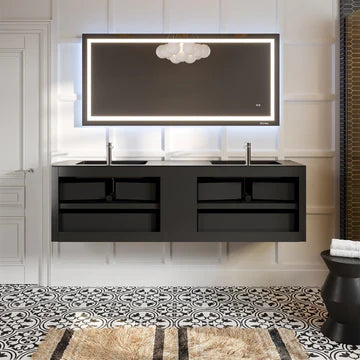 Vienna 75"W x 21"D Oak Wall Mount Double Sink Bathroom Vanity with Black Acrylic Countertop and Integrated Sinks EVVN777-75OAK-BL