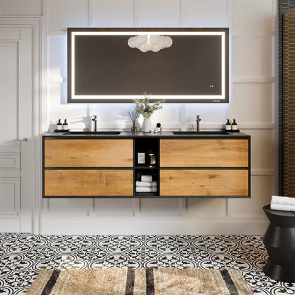 Vienna 75"W x 21"D Oak Wall Mount Double Sink Bathroom Vanity with Black Acrylic Countertop and Integrated Sinks EVVN777-75OAK-BL