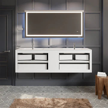 Vienna 75"W x 21"D Rosewood Wall Mount Double Sink Bathroom Vanity with White Acrylic Countertop and Integrated Sinks EVVN777-75RSWD-WH