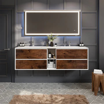 Vienna 75"W x 21"D Rosewood Wall Mount Double Sink Bathroom Vanity with White Acrylic Countertop and Integrated Sinks EVVN777-75RSWD-WH