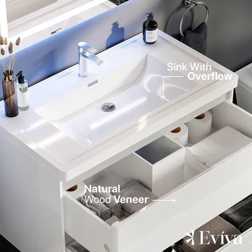 Glazzy 36"W x 18"D White Wall Mount Bathroom Vanity with White Acrylic Countertop and Integrated Sink EVVN900-36WH-WM