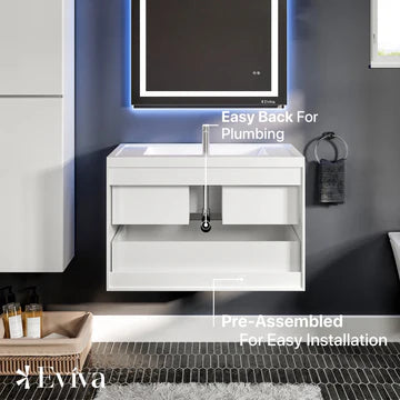 Glazzy 36"W x 18"D White Wall Mount Bathroom Vanity with White Acrylic Countertop and Integrated Sink EVVN900-36WH-WM