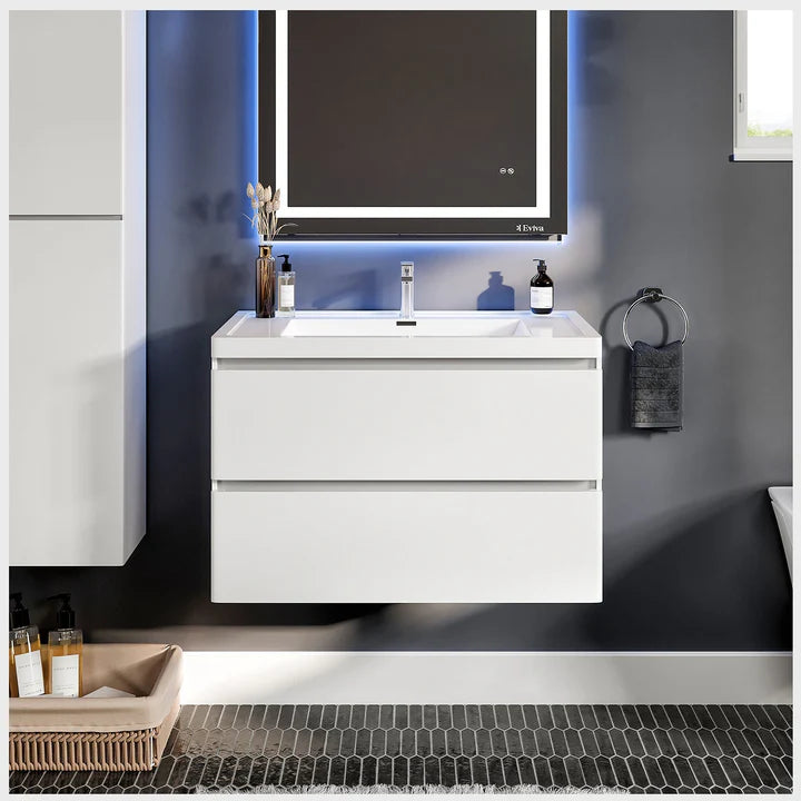 Glazzy 36"W x 18"D White Wall Mount Bathroom Vanity with White Acrylic Countertop and Integrated Sink EVVN900-36WH-WM