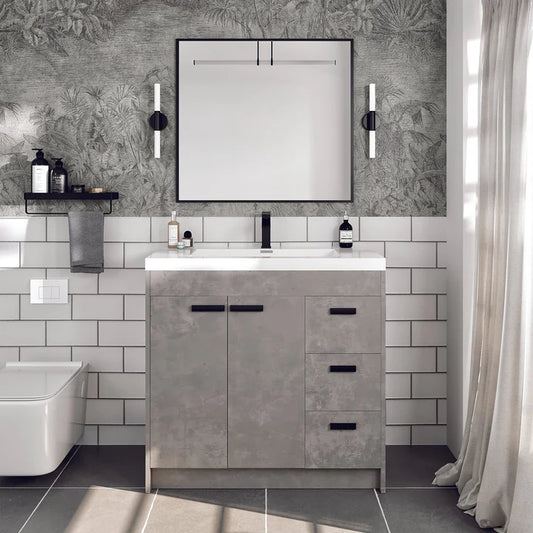 Lugano 36"W x 20"D Concrete Gray Bathroom Vanity with White Acrylic Countertop and Integrated Sink EVVN900-8-36CGR