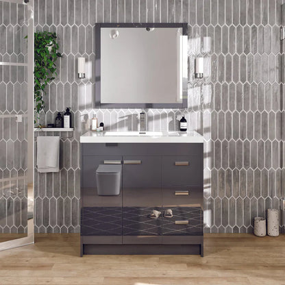 Lugano 36"W x 20"D Gray Bathroom Vanity with White Acrylic Countertop and Integrated Sink EVVN900-8-36GR