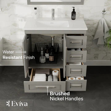 Loon 30"W x 22"D Gray Bathroom Vanity with White Carrara Quartz Countertop and Undermount Porcelain Sink EVVN999-30GR-Q