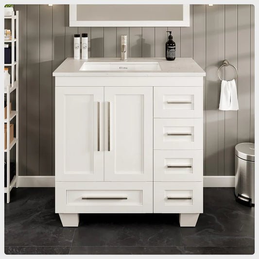 Loon 30"W x 22"D White Bathroom Vanity with White Carrara Quartz Countertop and Undermount Porcelain Sink EVVN999-30WH-Q