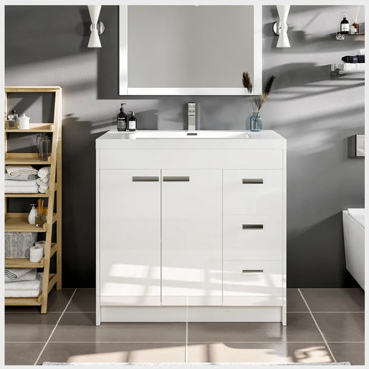 Lugano 36"W x 20"D White Bathroom Vanity with White Acrylic Countertop and Integrated Sink EVVN900-8-36WH