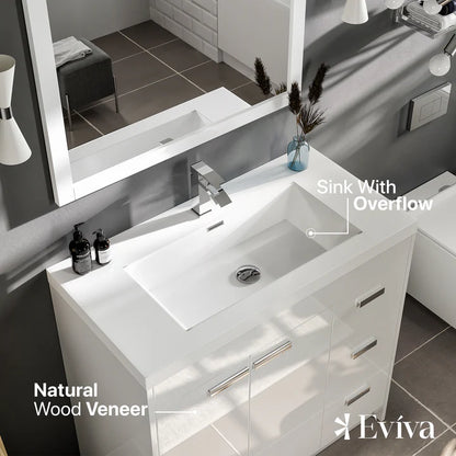 Lugano 36"W x 20"D White Bathroom Vanity with White Acrylic Countertop and Integrated Sink EVVN900-8-36WH