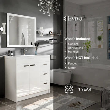 Lugano 36"W x 20"D White Bathroom Vanity with White Acrylic Countertop and Integrated Sink EVVN900-8-36WH