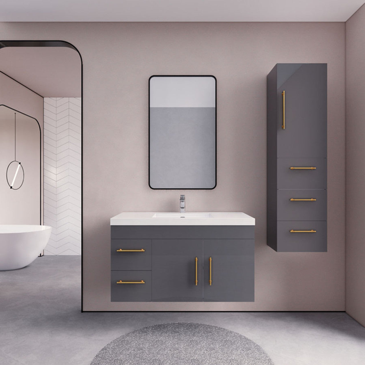 Eliza 42'' Wall Mounting Vanity(Left Drawers)With Single Sink Vanity-Eliza SKU: RYELSA42LWH-GR | UPC: 616050825311