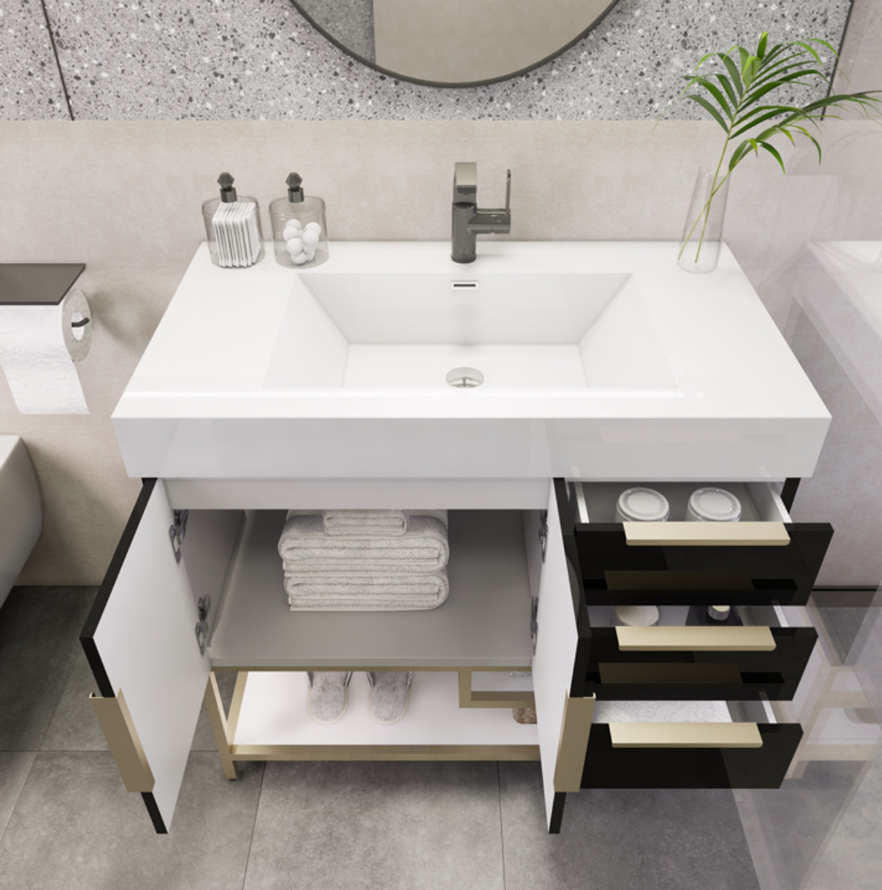 Noble 36" Free Standing Vanity with Reinforced Acrylic Sink (Right Side Drawers) Noble SKU: NBT01-36RFS-GB | UPC: 616050850467