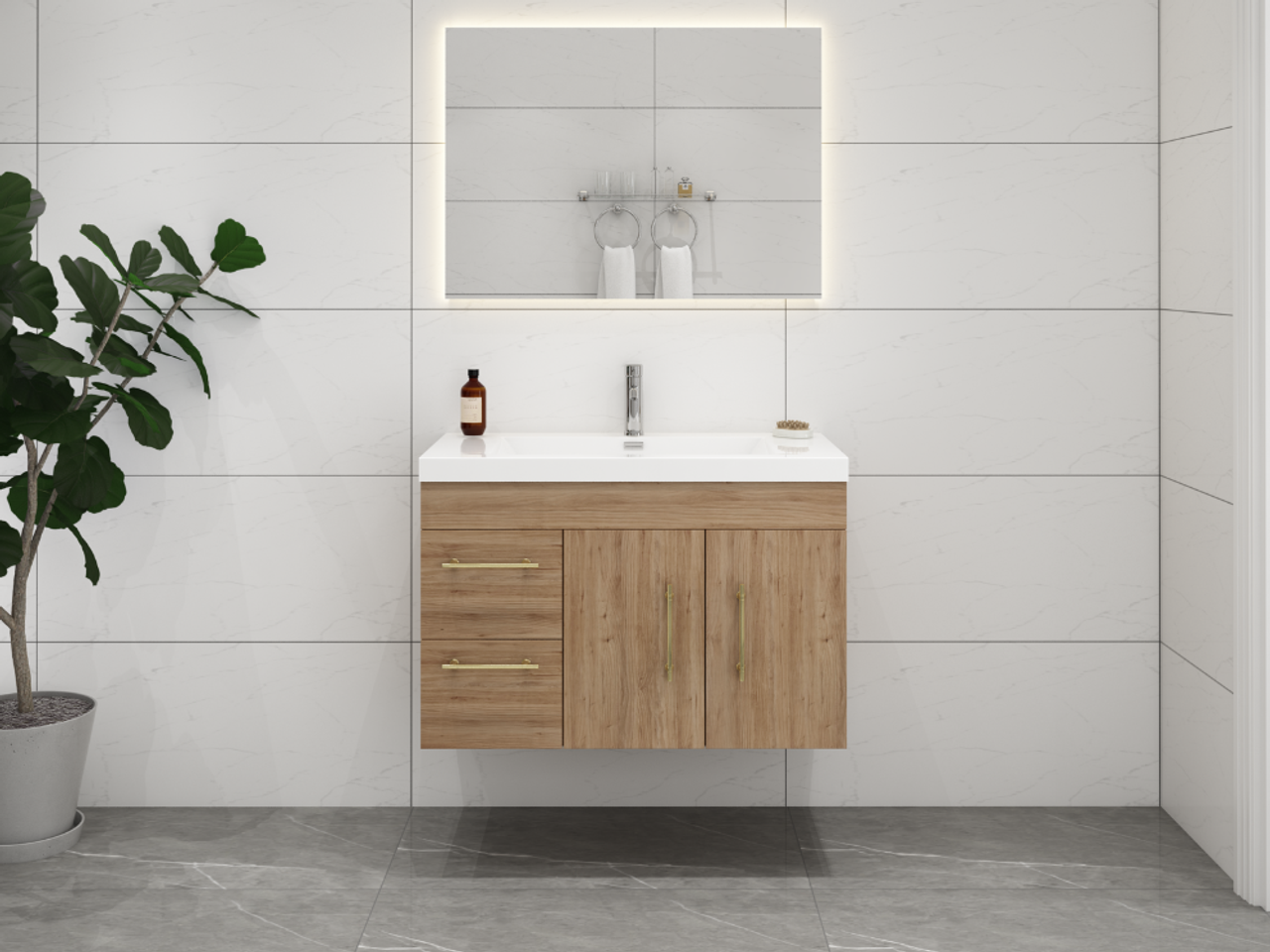 Eliza 36'' Wall Mounting Vanity(Left Drawers)With Single Sink Vanity-Eliza SKU: RYELSA36LWH-GR | UPC: 616050825250