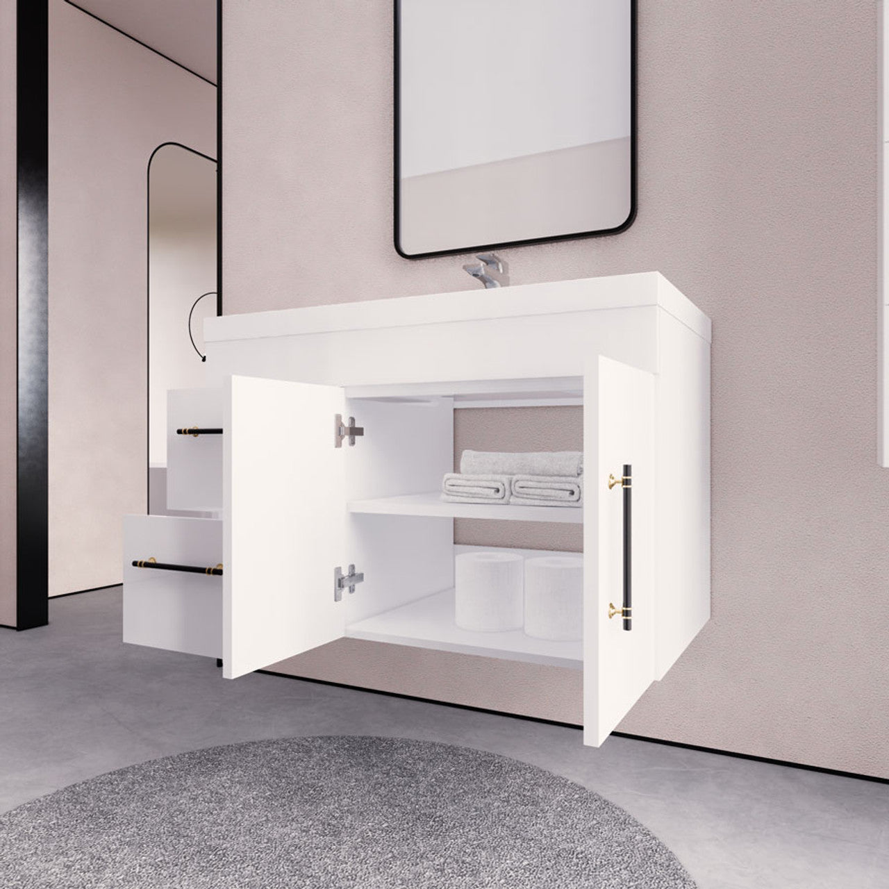 Eliza 36'' Wall Mounting Vanity(Left Drawers)With Single Sink Vanity-Eliza SKU: RYELSA36LWH-GR | UPC: 616050825250