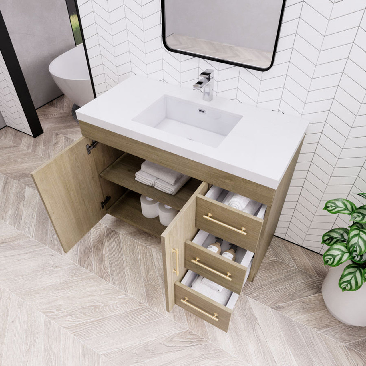 Eliza 42'' Freestanding Vanity(Right Drawers)With Single Sink Vanity-Eliza SKU: RYELSA42RFS-GR | UPC: 616050824550