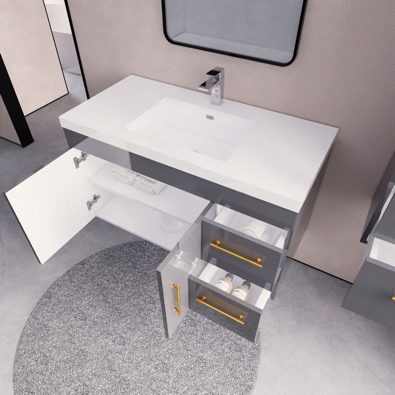 Eliza 42'' Wall Mounting Vanity(Right Drawers)With Single Sink Vanity-Eliza SKU: RYELSA42RWH-GR | UPC: 616050825342