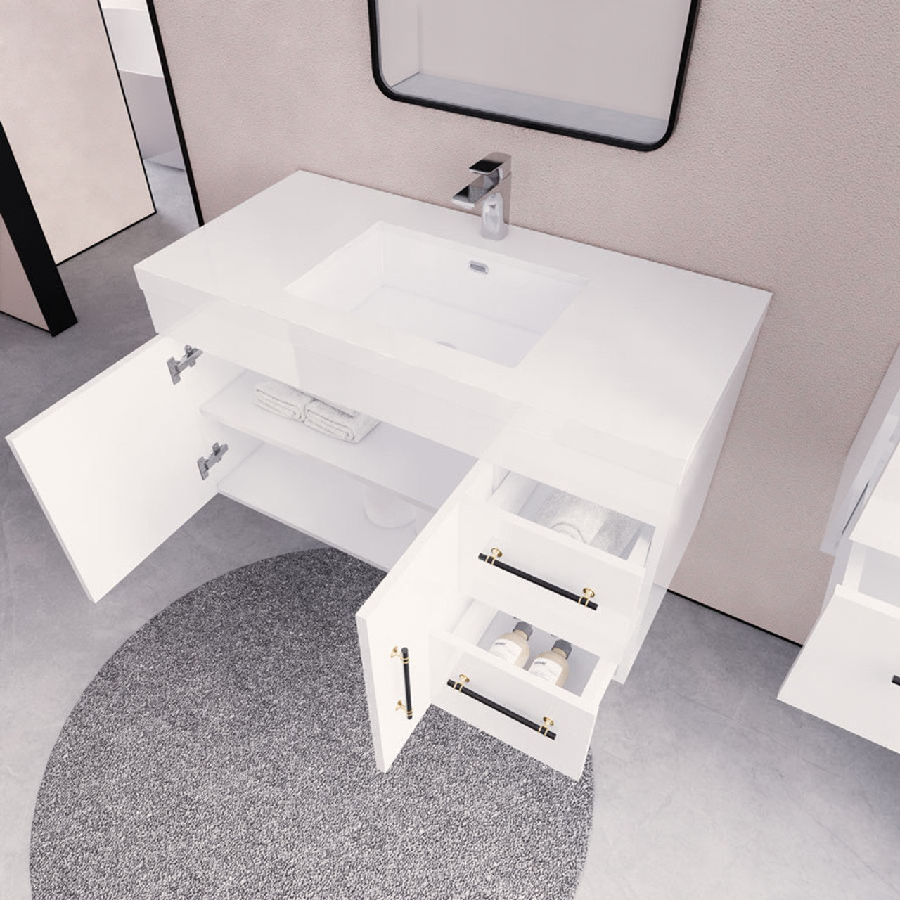 Eliza 42'' Wall Mounting Vanity(Right Drawers)With Single Sink Vanity-Eliza SKU: RYELSA42RWH-GR | UPC: 616050825342