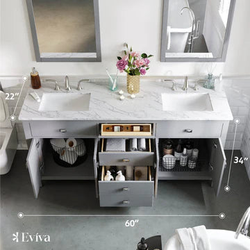 Artemis 60"W x 22"D Gray Double Sink Bathroom Vanity with White Carrara Quartz Countertop and Undermount Porcelain Sinks TVN313-60GR