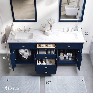 Artemis 60"W x 22"D Blue Double Sink Bathroom Vanity with White Carrara Quartz Countertop and Undermount Porcelain Sinks TVN313-60BLU