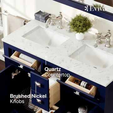 Artemis 44"W x 22"D Blue Double Sink Bathroom Vanity with White Carrara Quartz Countertop and Undermount Porcelain Sinks TVN313-44BLU-DS