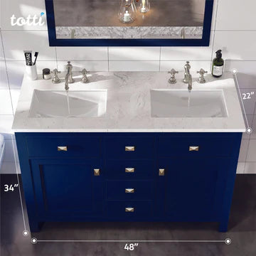 Artemis 48"W x 22"D Blue Double Sink Bathroom Vanity with White Carrara Quartz Countertop and Undermount Porcelain Sinks TVN313-48BLU-DS