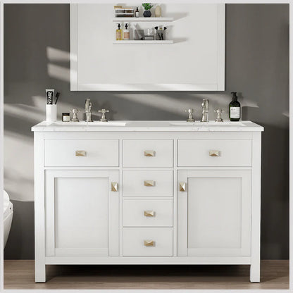 Artemis 48"W x 22"D White Double Sink Bathroom Vanity with White Carrara Quartz Countertop and Undermount Porcelain Sinks TVN313-48WH-DS