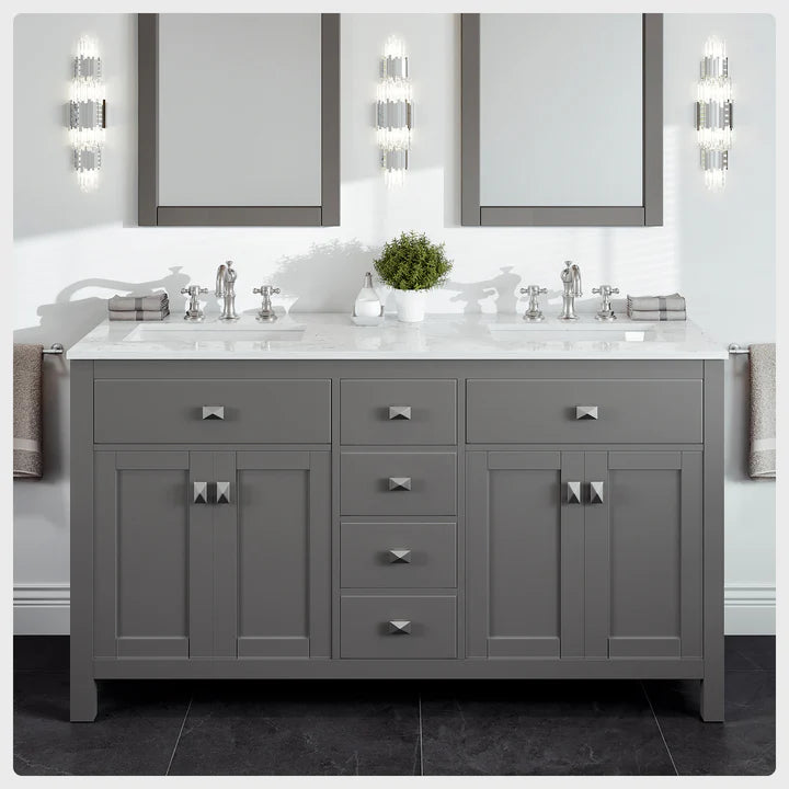 Artemis 60"W x 22"D Gray Double Sink Bathroom Vanity with White Carrara Quartz Countertop and Undermount Porcelain Sinks TVN313-60GR