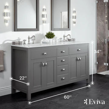 Artemis 60"W x 22"D Gray Double Sink Bathroom Vanity with White Carrara Quartz Countertop and Undermount Porcelain Sinks TVN313-60GR