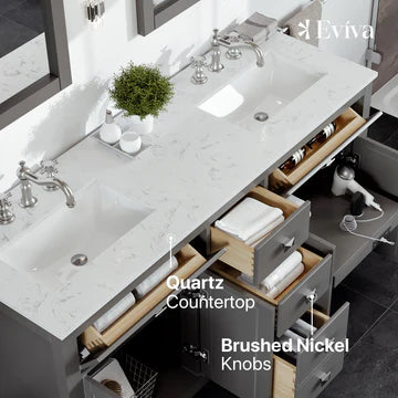 Artemis 60"W x 22"D Gray Double Sink Bathroom Vanity with White Carrara Quartz Countertop and Undermount Porcelain Sinks TVN313-60GR