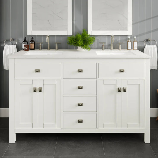 Artemis 60"W x 22"D White Double Sink Bathroom Vanity with White Carrara Quartz Countertop and Undermount Porcelain Sinks TVN313-60WH