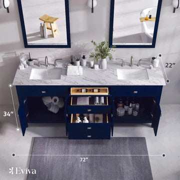 Artemis 72"W x 22"D Blue Double Sink Bathroom Vanity with White Carrara Quartz Countertop and Undermount Porcelain Sinks TVN313-72BLU